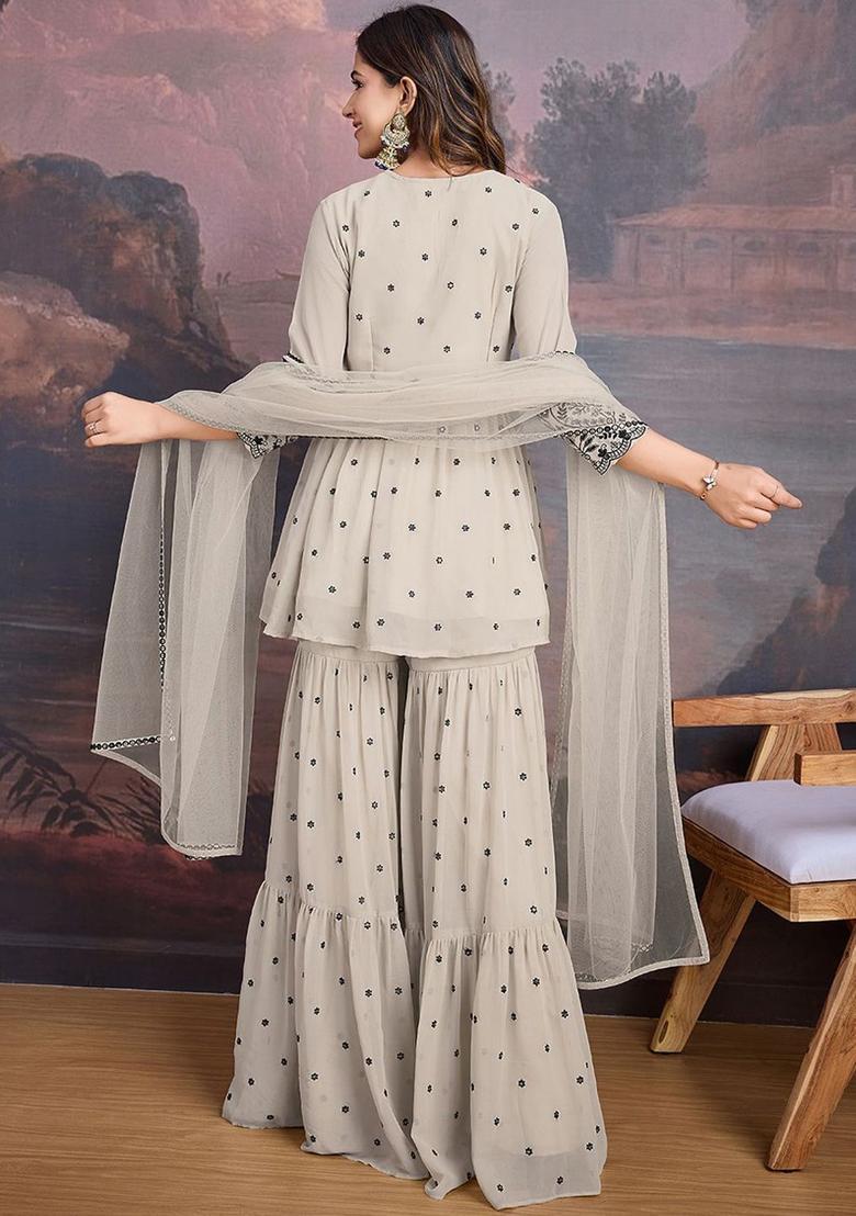 Beige Embroidered Georgette Kurta Sets - Indya