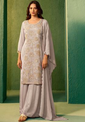 Grey Embroidered Silk Blend Kurta Sets