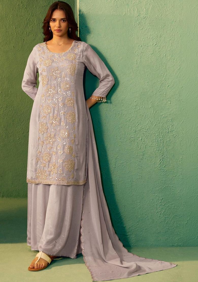 Grey Embroidered Silk Blend Kurta Sets - Indya