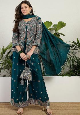 Green Embroidered Chinon Kurta Sets