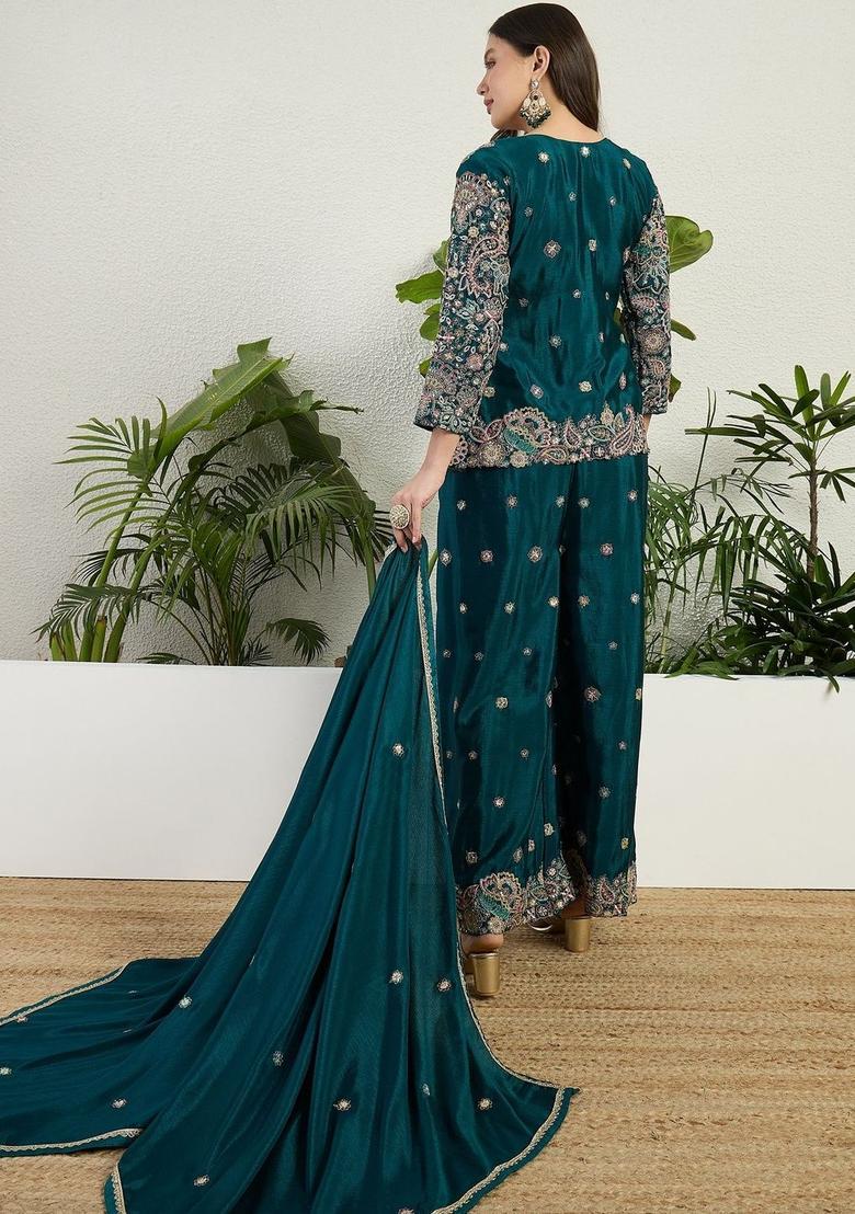 Green Embroidered Chinon Kurta Sets - Indya