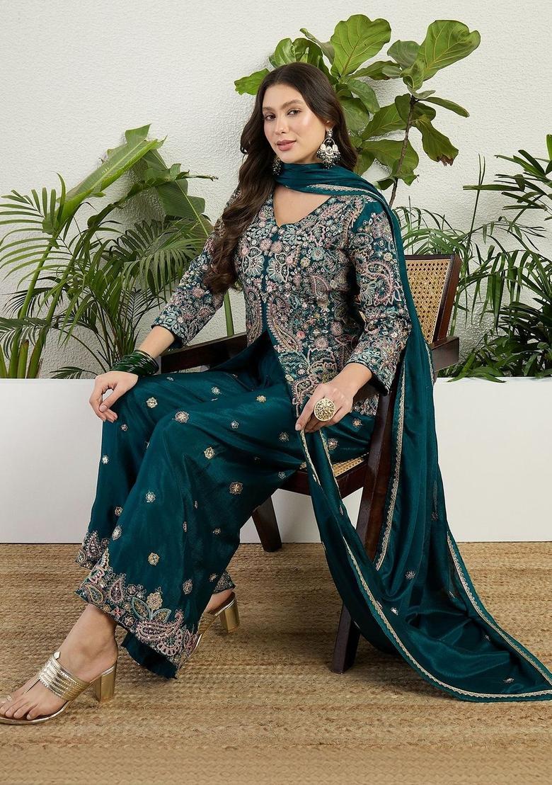 Green Embroidered Chinon Kurta Sets - Indya