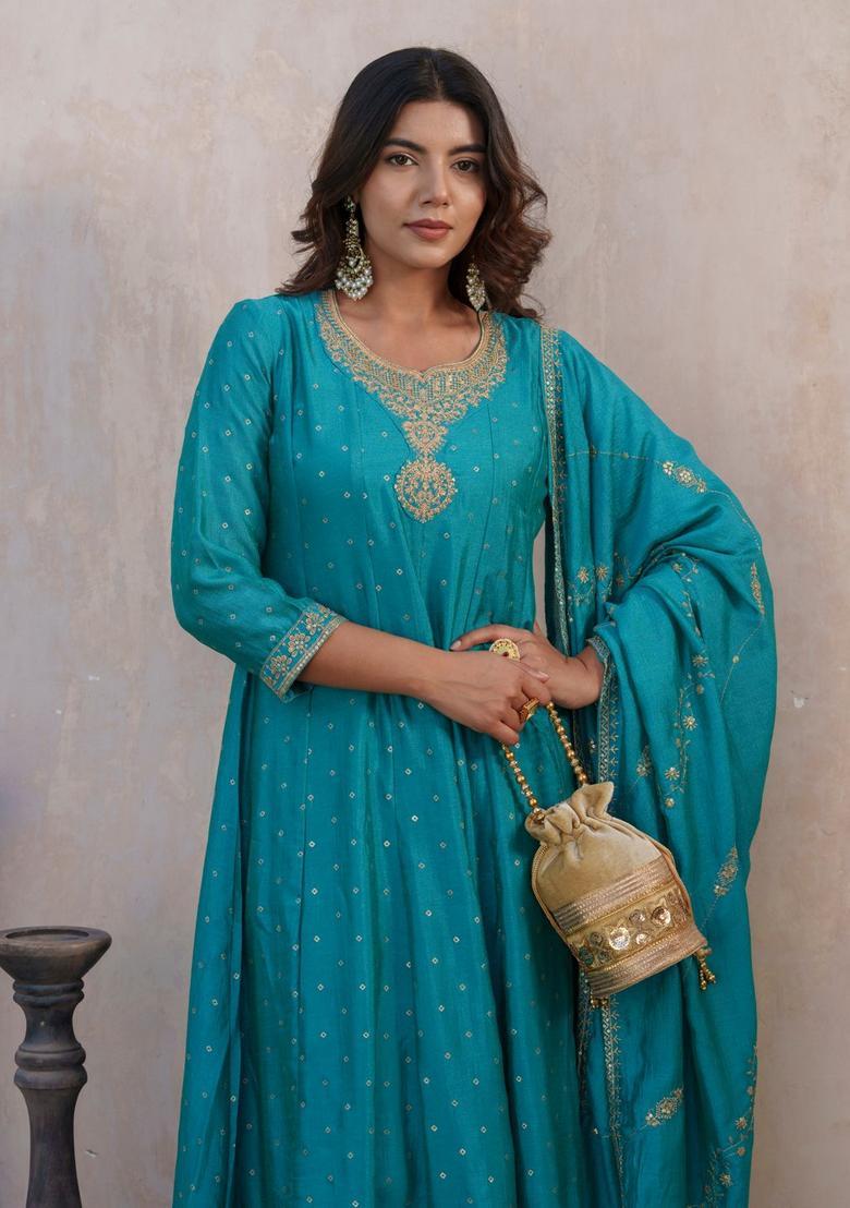 Teal Printed Chinon Anarkli Sets - Indya
