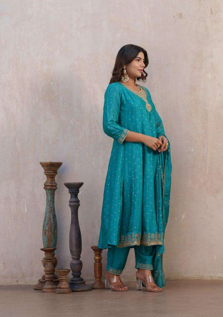 Teal Printed Chinon Anarkli Sets - Indya