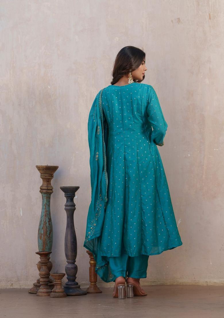 Teal Printed Chinon Anarkli Sets - Indya