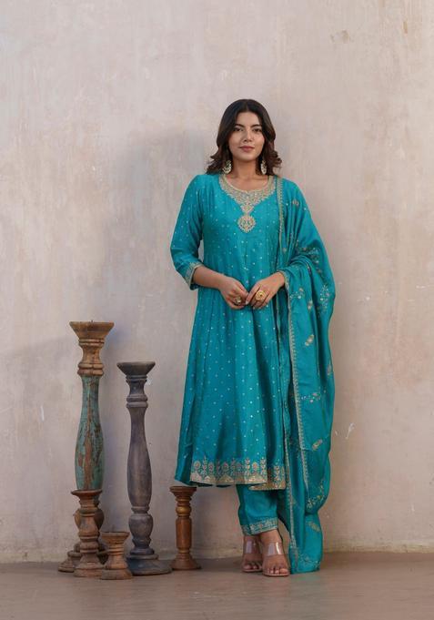 Teal Printed Chinon Anarkli Sets