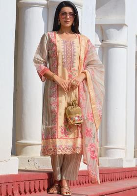 Beige Printed Cotton Kurta Sets