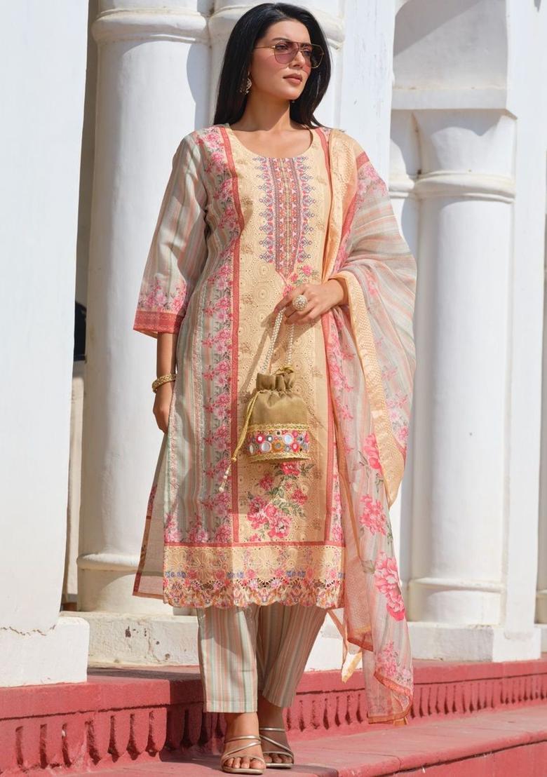 Beige Printed Cotton Kurta Sets - Indya