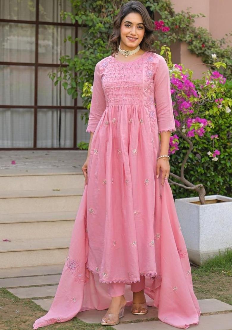 Peach Printed Cotton Kurta Sets - Indya
