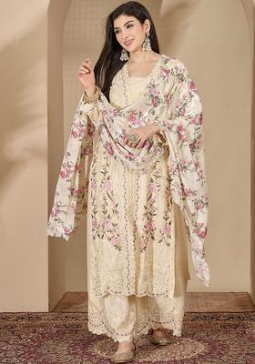 Cream Embroidered Chinon Kurta Sets