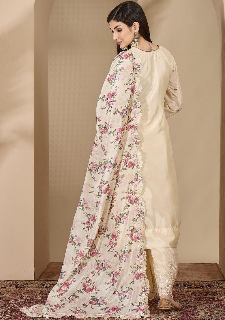 Cream Embroidered Chinon Kurta Sets - Indya