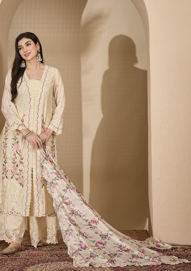 Cream Embroidered Chinon Kurta Sets - Indya