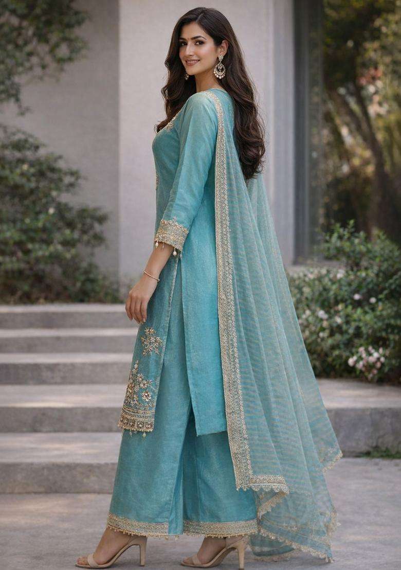 Blue Embroidered Tissue Kurta Sets - Indya