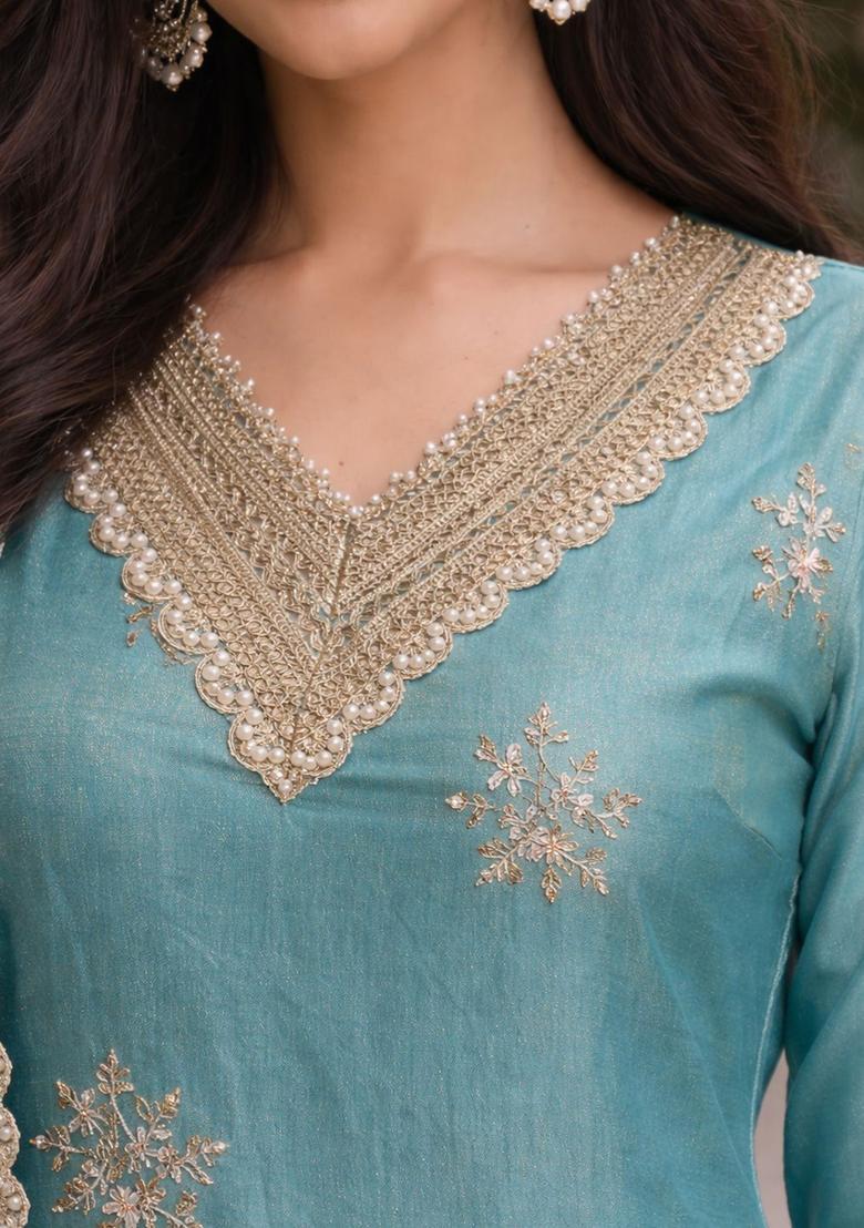 Blue Embroidered Tissue Kurta Sets - Indya