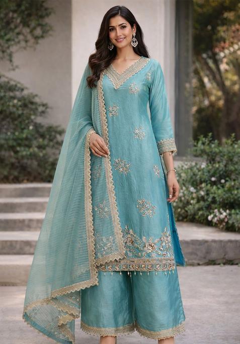 Blue Embroidered Tissue Kurta Sets