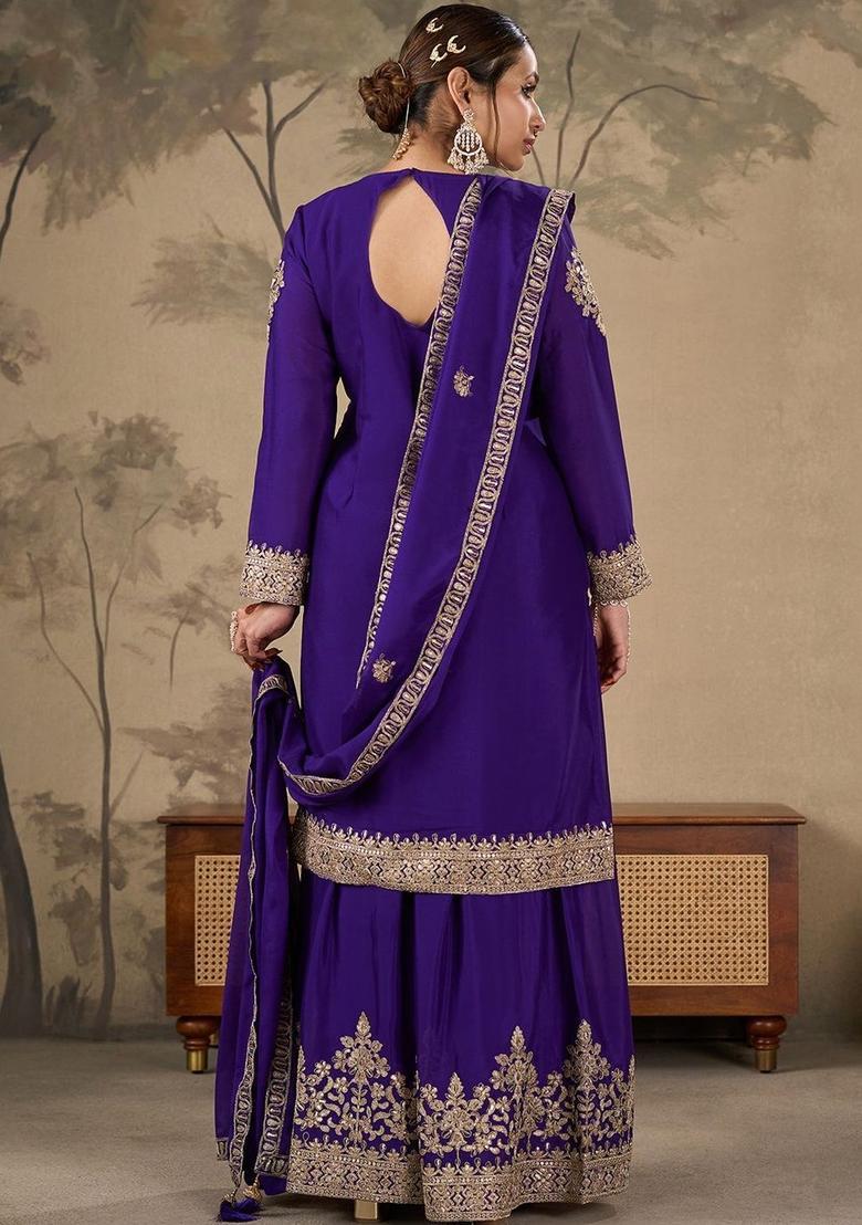 Purple Printed Chinon Anarkli Sets - Indya