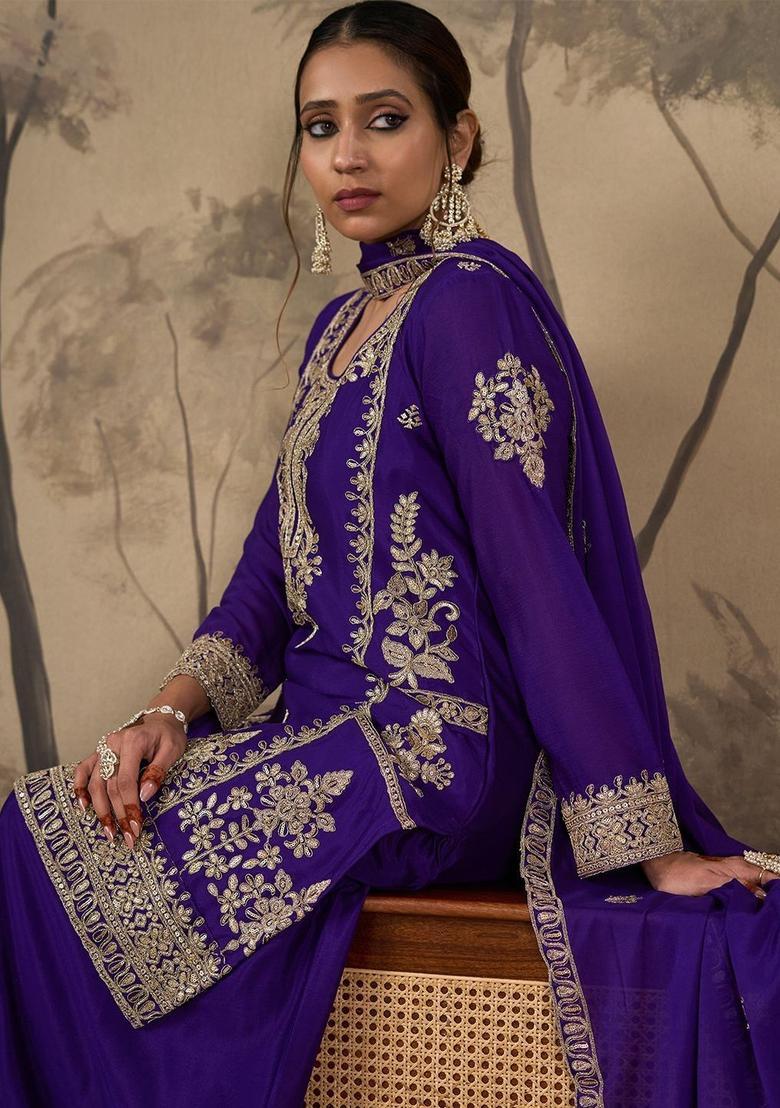 Purple Printed Chinon Anarkli Sets - Indya