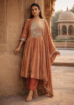 Peach Embroidered Viscose Kurta Sets