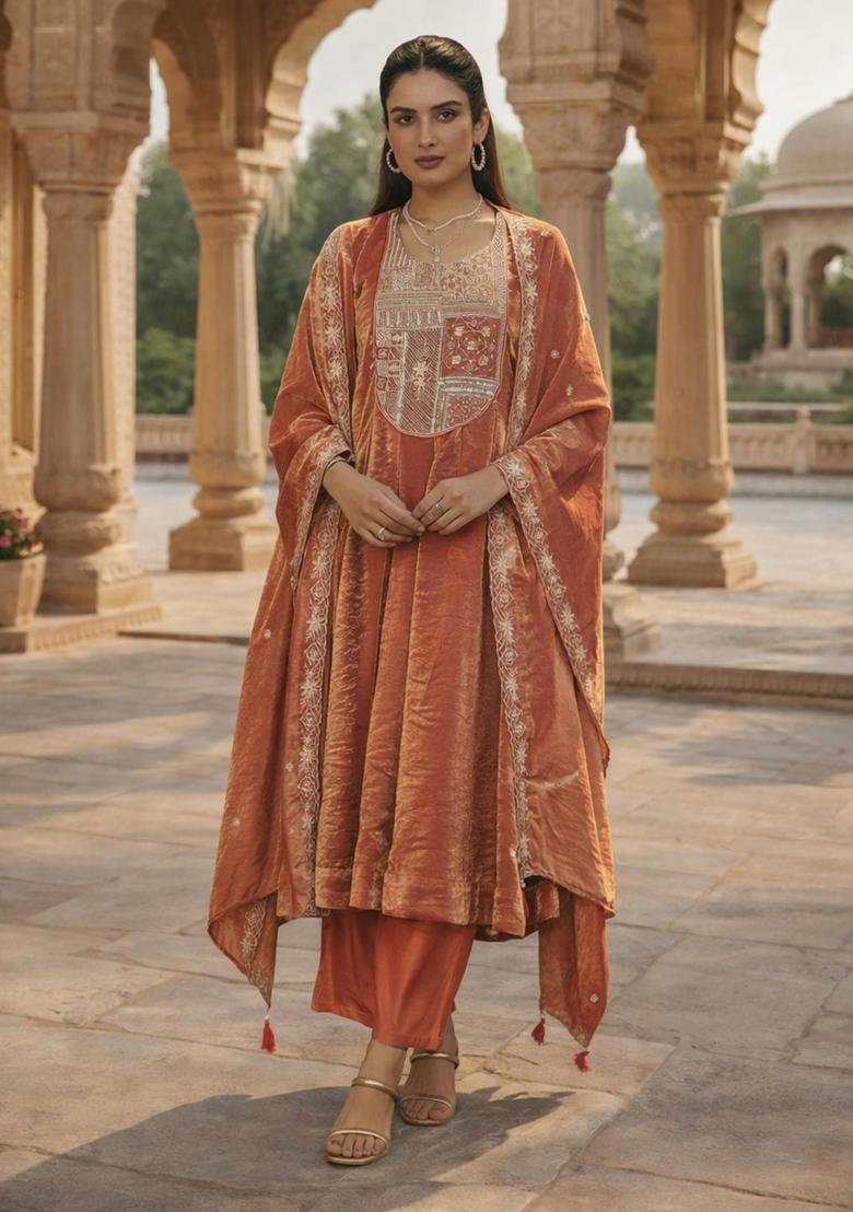 Peach Embroidered Viscose Kurta Sets - Indya