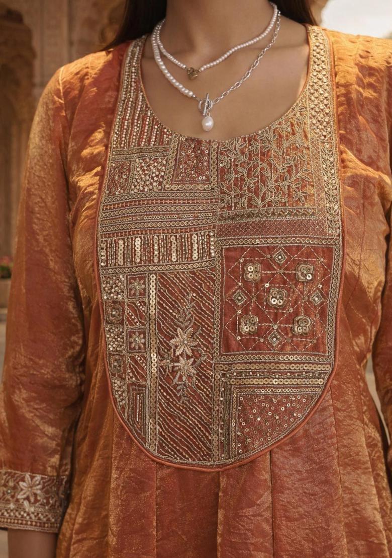 Peach Embroidered Viscose Kurta Sets - Indya