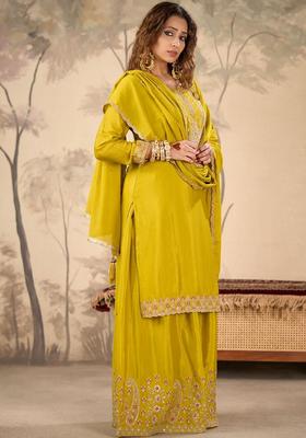Green Embroidered Chinon Anarkli Sets