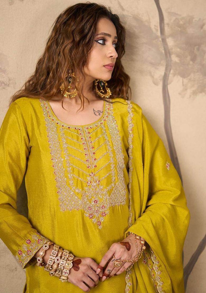 Green Embroidered Chinon Anarkli Sets - Indya