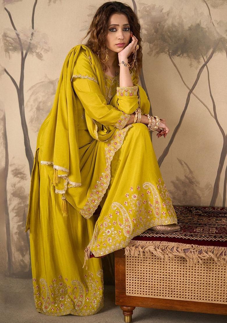 Green Embroidered Chinon Anarkli Sets - Indya