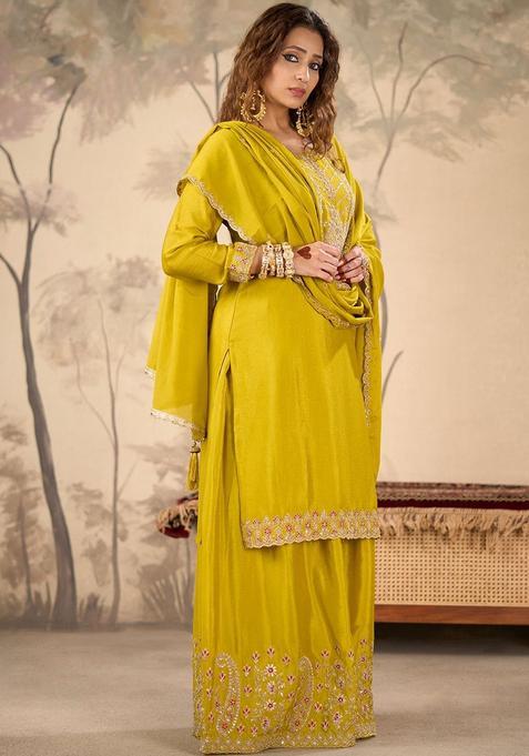 Green Embroidered Chinon Anarkli Sets