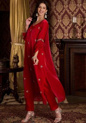Red Embroidered Satin Kurta Sets
