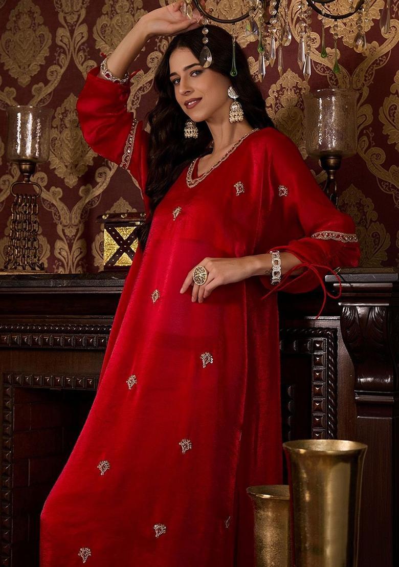 Red Embroidered Satin Kurta Sets - Indya