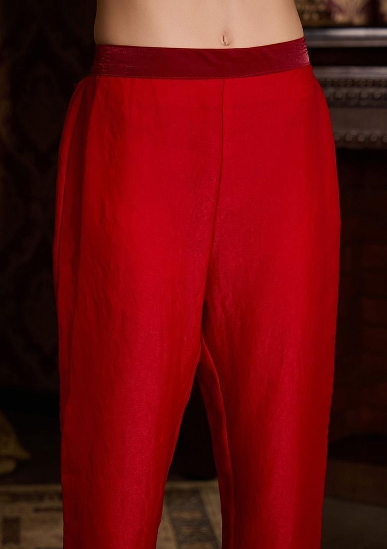 Red Embroidered Satin Kurta Sets - Indya