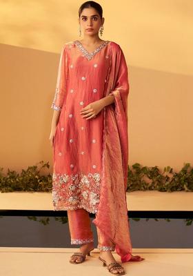 Rust Embroidered Tissue Kurta Sets