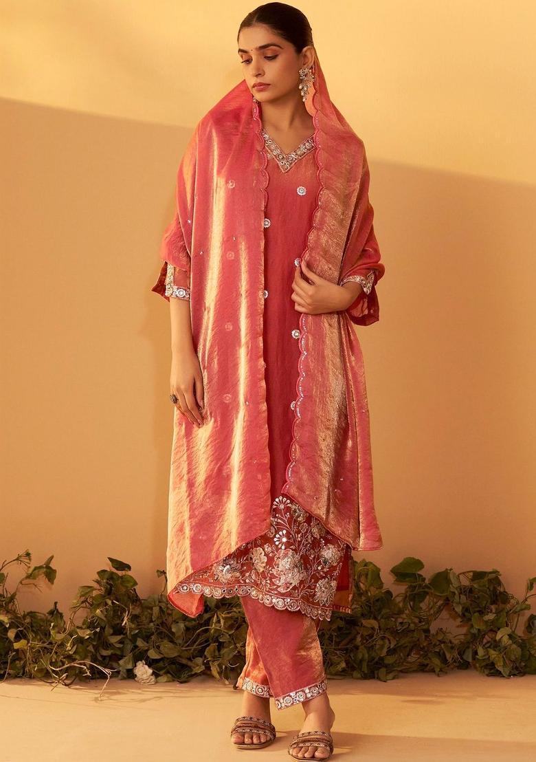 Rust Embroidered Tissue Kurta Sets - Indya