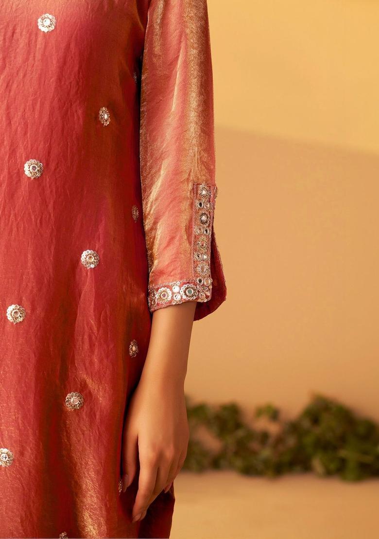 Rust Embroidered Tissue Kurta Sets - Indya