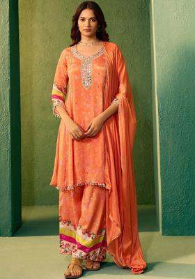 Orange Embroidered Silk Blend Kurta Sets