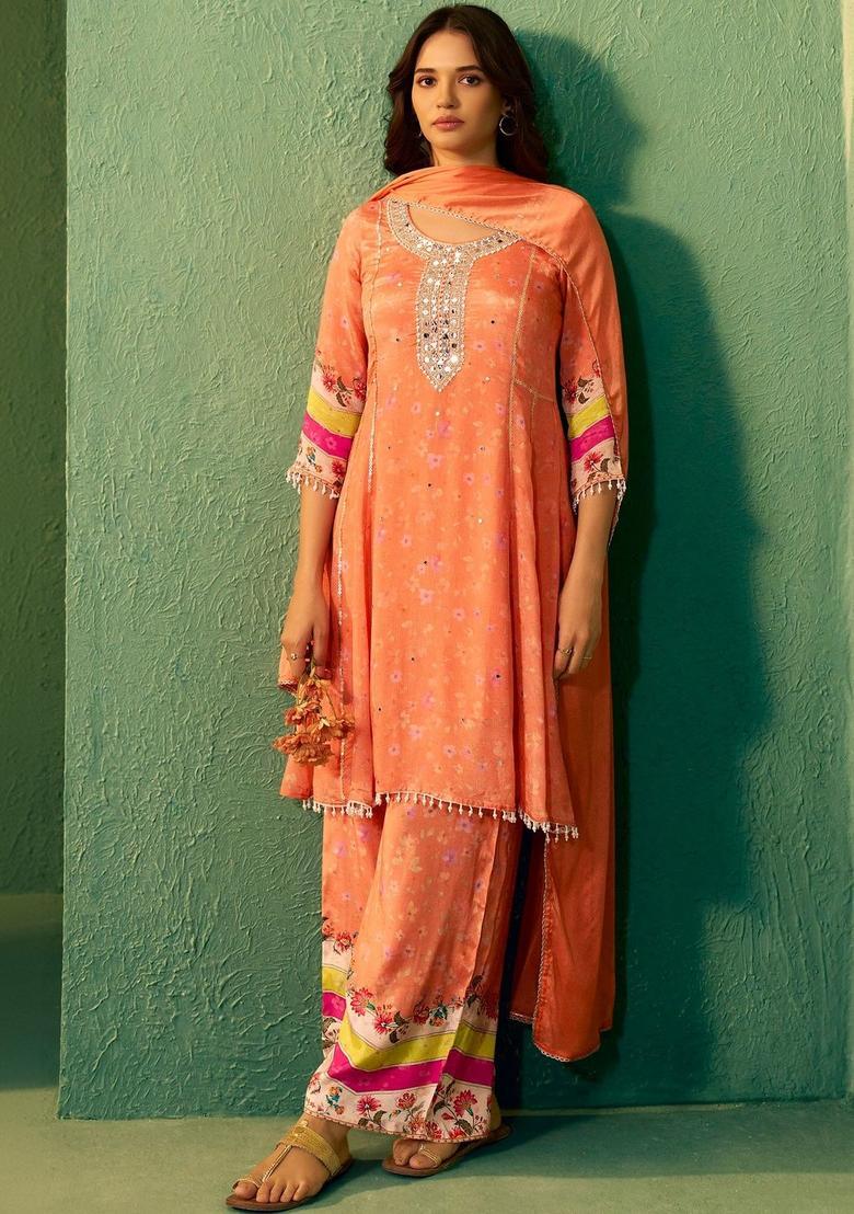 Orange Embroidered Silk Blend Kurta Sets - Indya