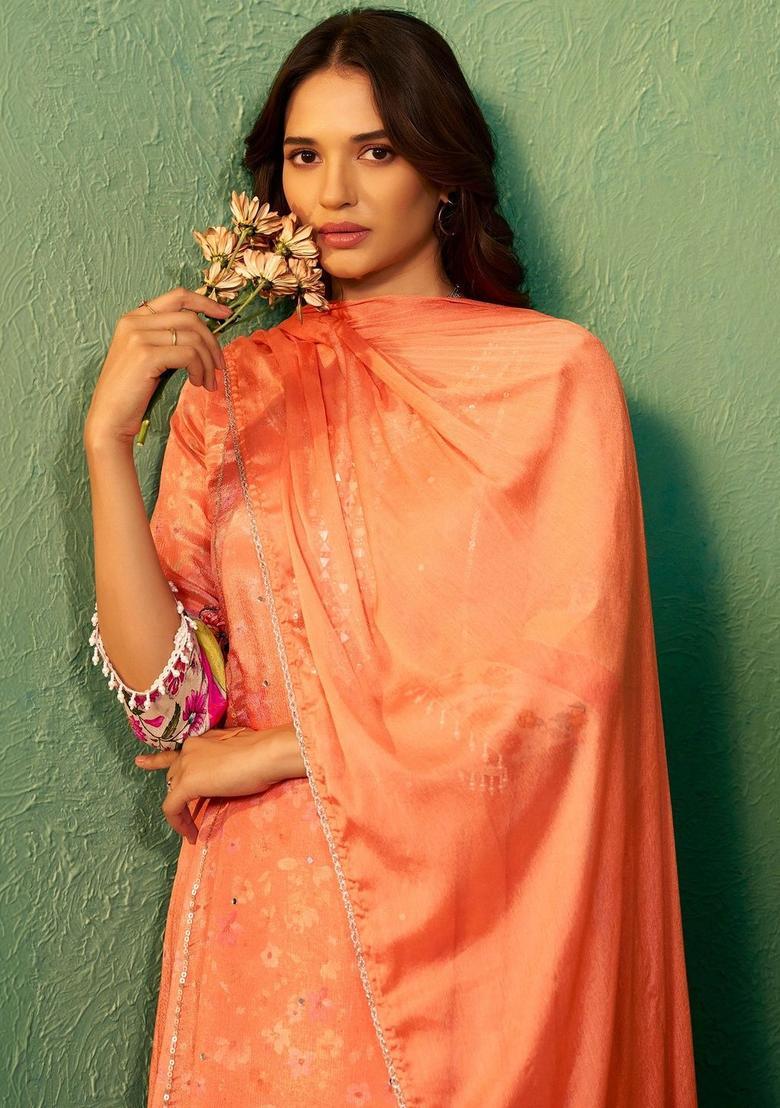 Orange Embroidered Silk Blend Kurta Sets - Indya
