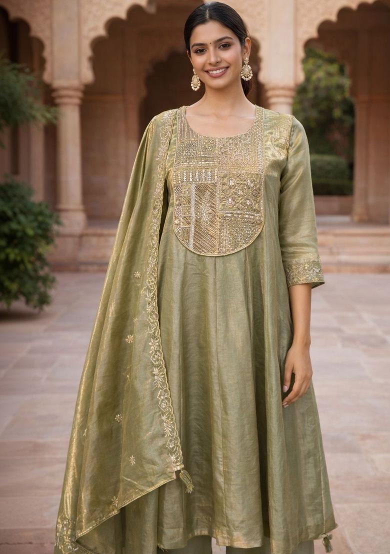 Olive Embroidered Silk Blend Kurta Sets - Indya