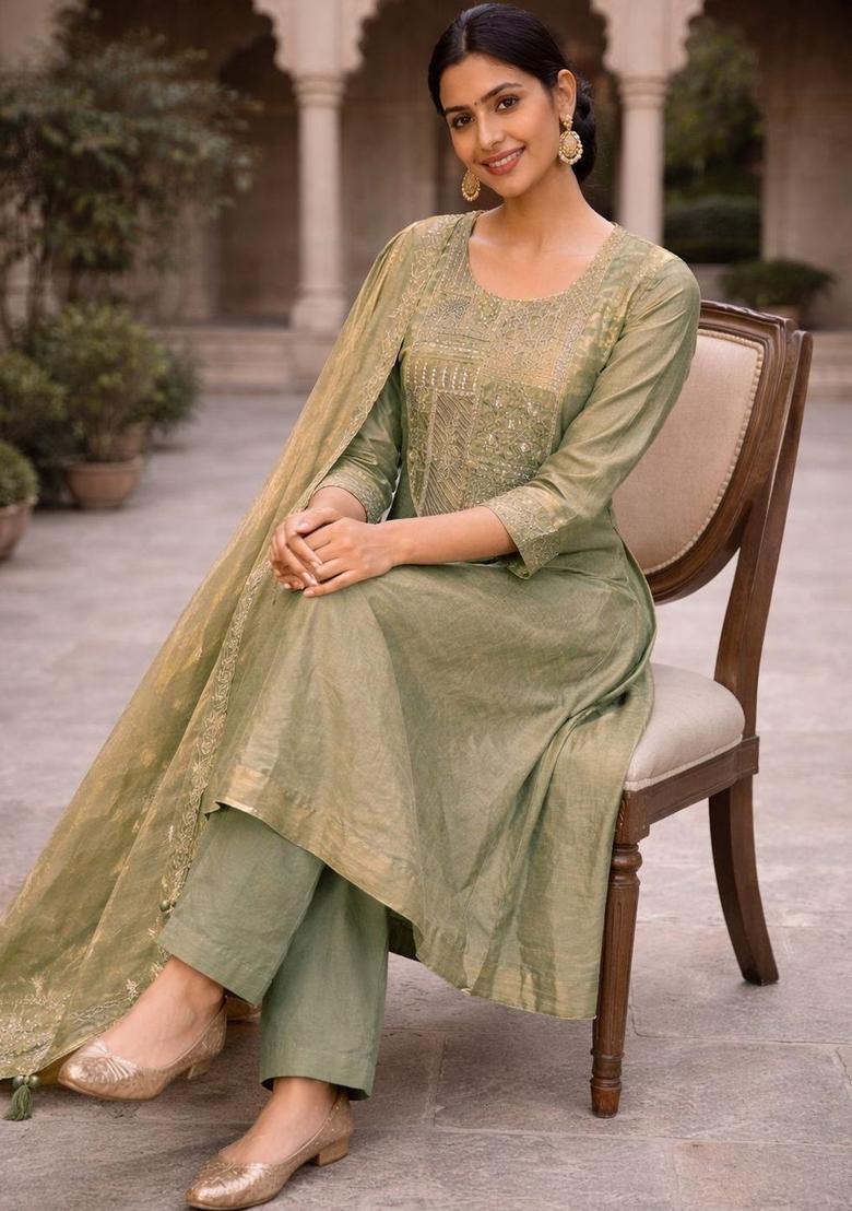 Olive Embroidered Silk Blend Kurta Sets - Indya