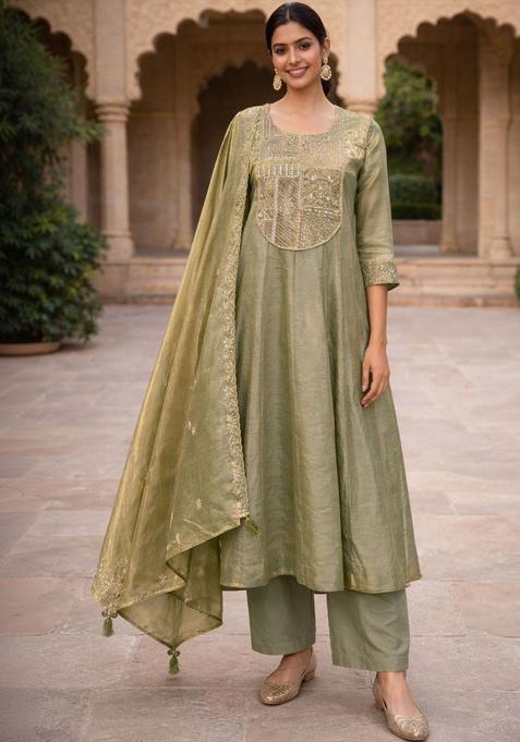Olive Embroidered Silk Blend Kurta Sets