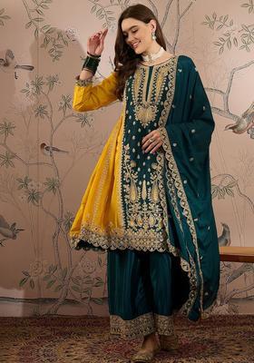 Yellow Embroidered Chinon Anarkli Sets