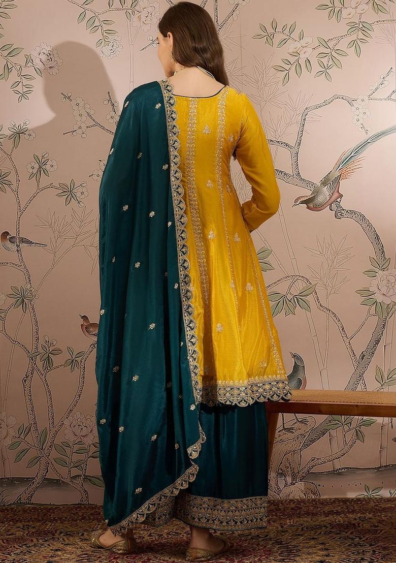 Yellow Embroidered Chinon Anarkli Sets - Indya
