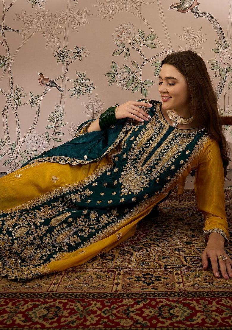 Yellow Embroidered Chinon Anarkli Sets - Indya
