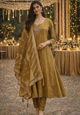 Mustard Embroidered Viscose Anarkli Sets