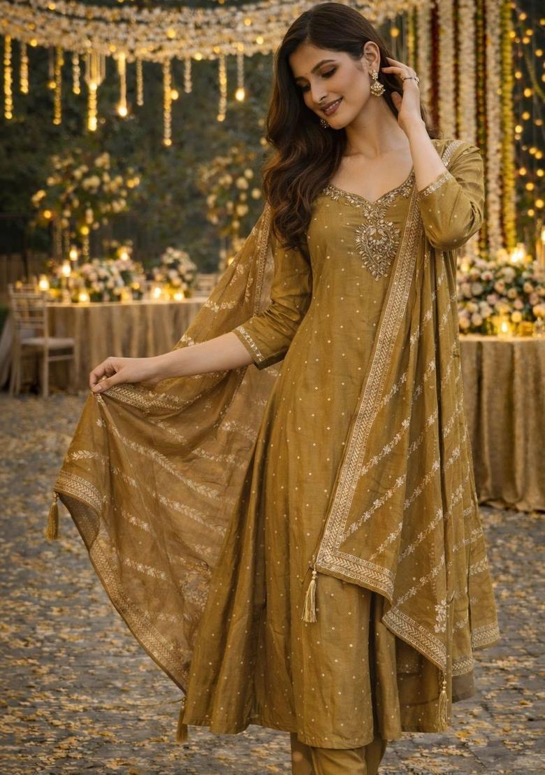 Mustard Embroidered Viscose Anarkli Sets - Indya