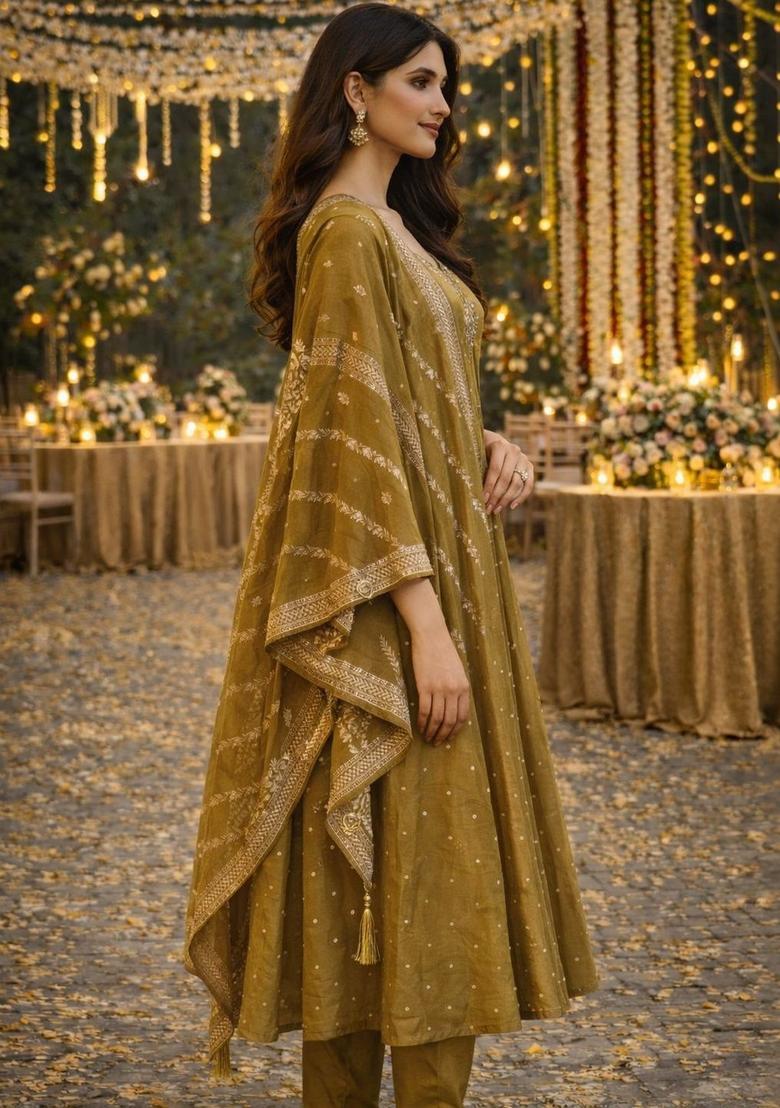 Mustard Embroidered Viscose Anarkli Sets - Indya