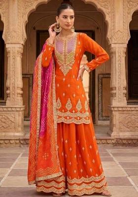 Orange Embroidered Polyester Kurta Sets