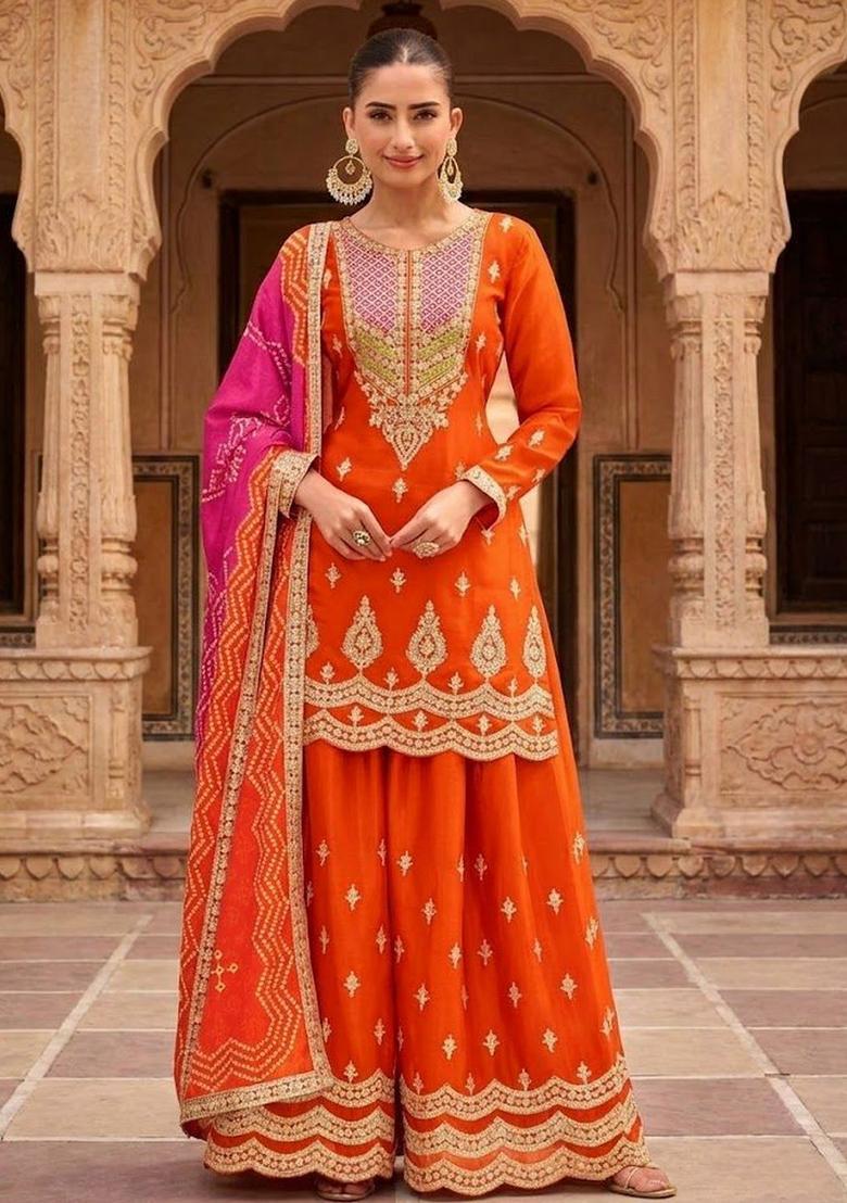 Orange Embroidered Polyester Kurta Sets - Indya