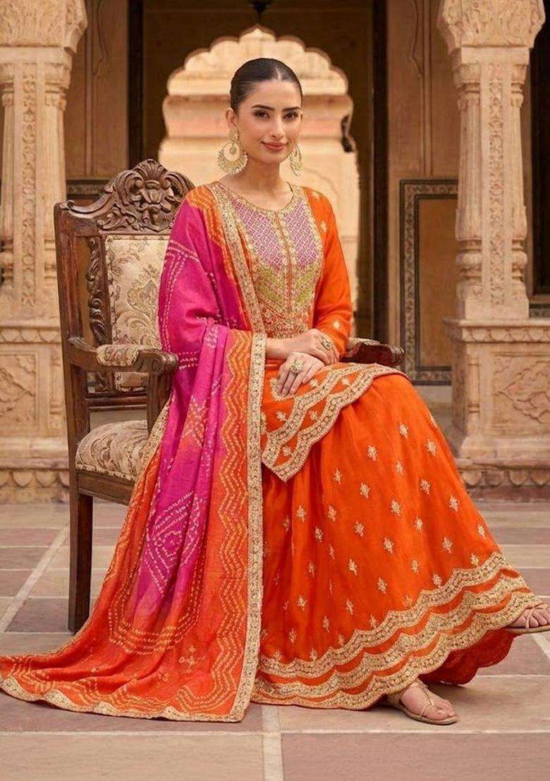 Orange Embroidered Polyester Kurta Sets - Indya