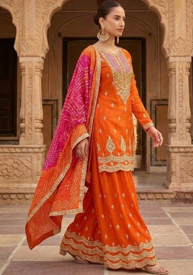 Orange Embroidered Polyester Kurta Sets - Indya